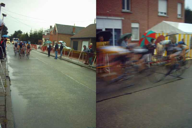 Elk op zijn plaats
Na een uur wedstrijd: Bert links aan kop bij het peletonnetje gelosten, Johan rechts in de buik van het peloton achtervolgend op 2 leiders.
