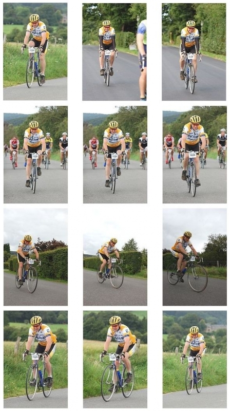 Johnny in actie
Johnny blijft altijd lachen op de fiets en is daarom blijkbaar een erg dankbaar onderwerp voor fotografen.
Naar het schijnt speelde hij wel wat vals en sneed ergens een hoekje van het parcours af.
