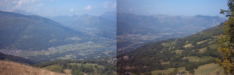 Panorama Argeles-Gazost
De brede vallei met Argeles-Gazost vanop Hautacam
(Aaneenplak probeersel. Sommige geavanceerde toestellen van andere Nissorappers hebben dit snufje ingebouwd. Ik moet het met mijn Aldi-toestelletje zelf fabriceren.)
