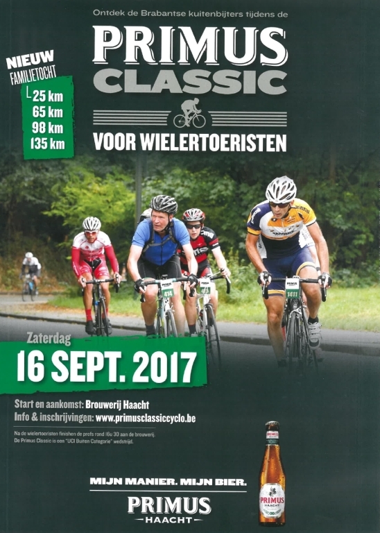 Warre op de affiche
Warre reed een eerdere rit van de organisatie mee, en werd als 'posterboy' geselecteerd voor deze affiche. 
Hij reed zeker niet mee met deze editie, want hij kwam geblesseerd terug van onze buitenlandse reis begin september.
Toevallig is er nog een voor ons bekende figurant naast Warre op de affiche: in het blauw rijdt Dirk, broer van clublid Pit.
